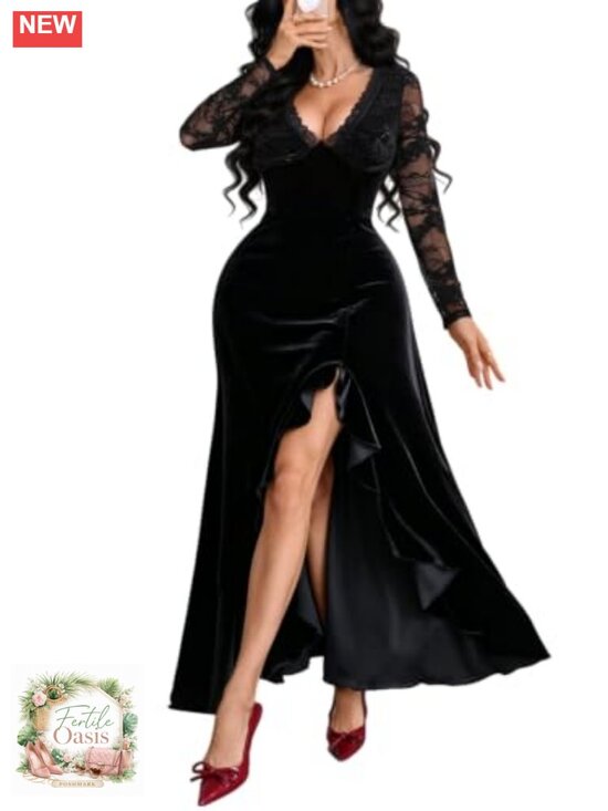 Dresses & Skirts - Women's Velvet Lace Long Sleeve Maxi Dress Plunging V-Neck Formal Gown